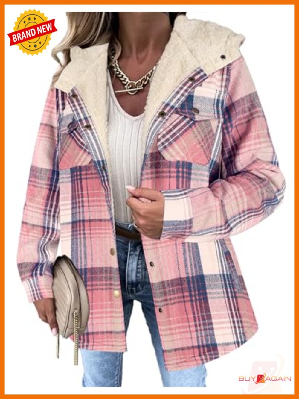 Sherpa Lined Plaid Shacket Button Hooded Oversized Fit Warm Coat